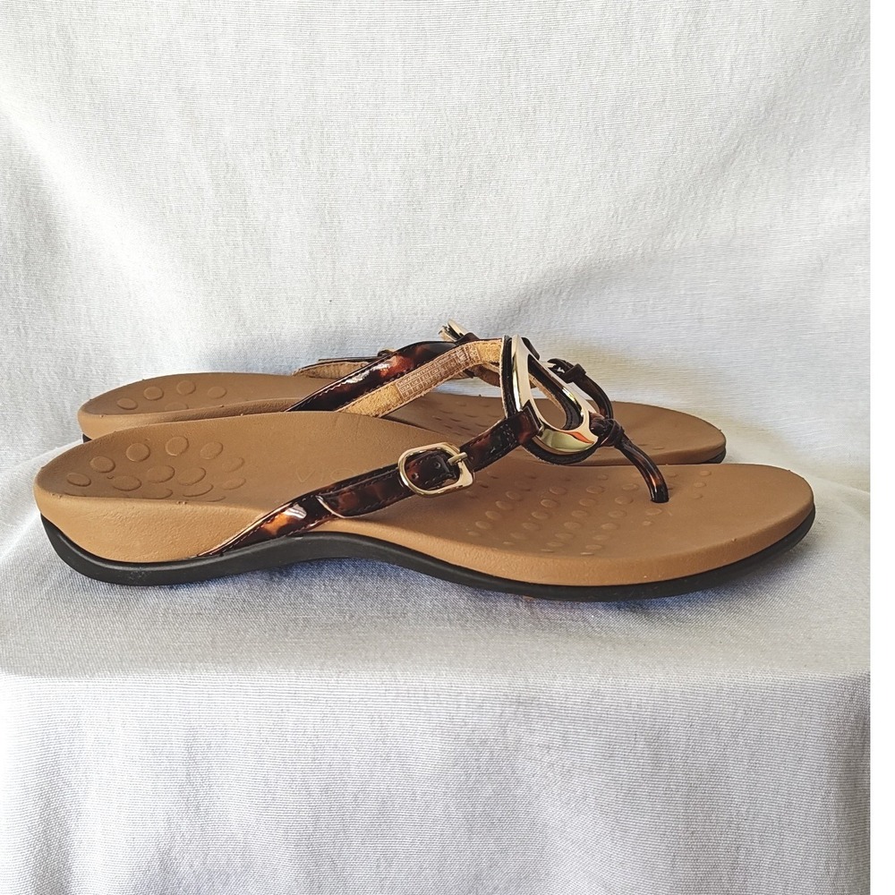 Vionic Karina Sandals Brown Tortoise Print Gold Ring Thong Flip Flop Orthotics 8 - Picture 4 of 8
